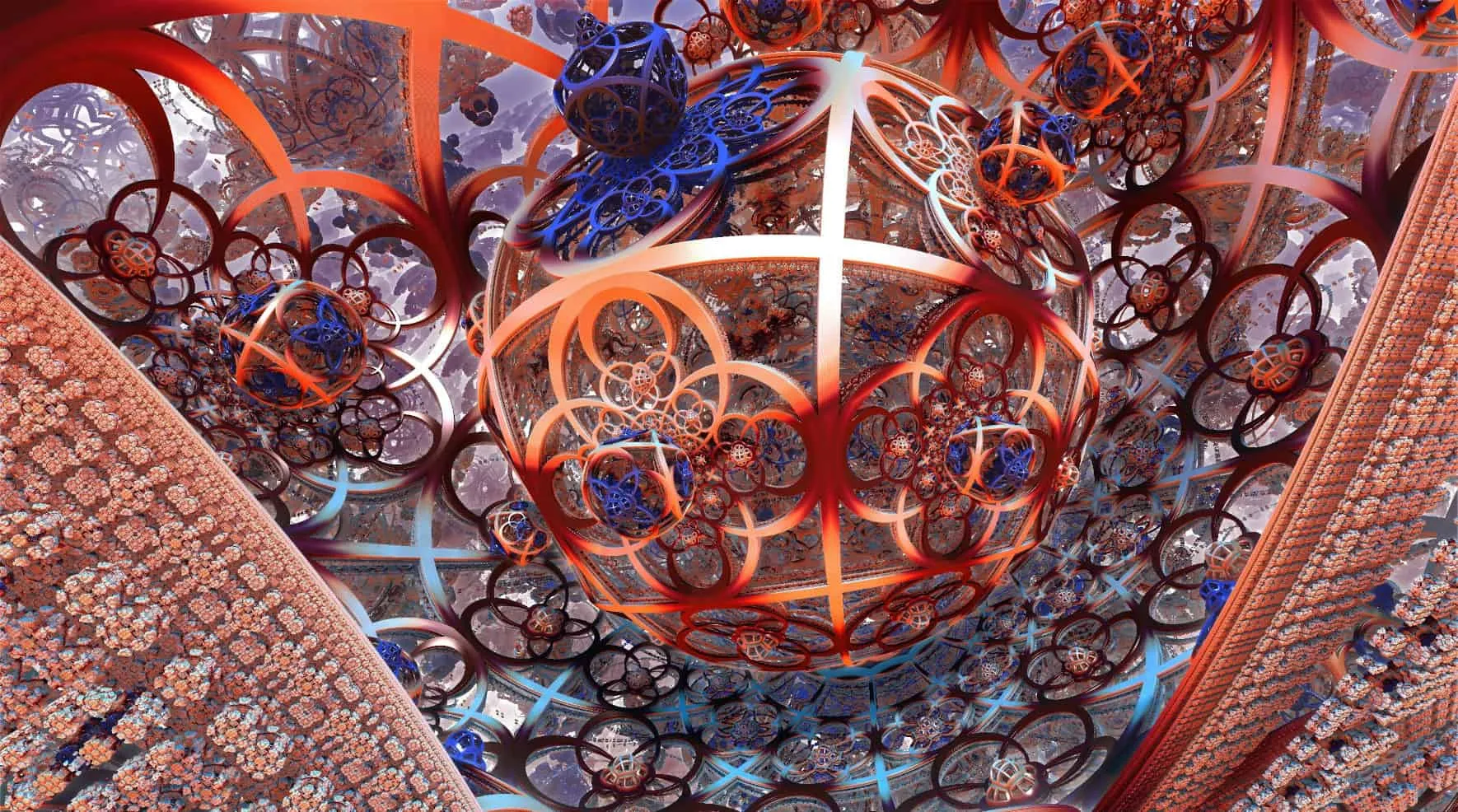 Fractal of nested rings and spheres in red and blue